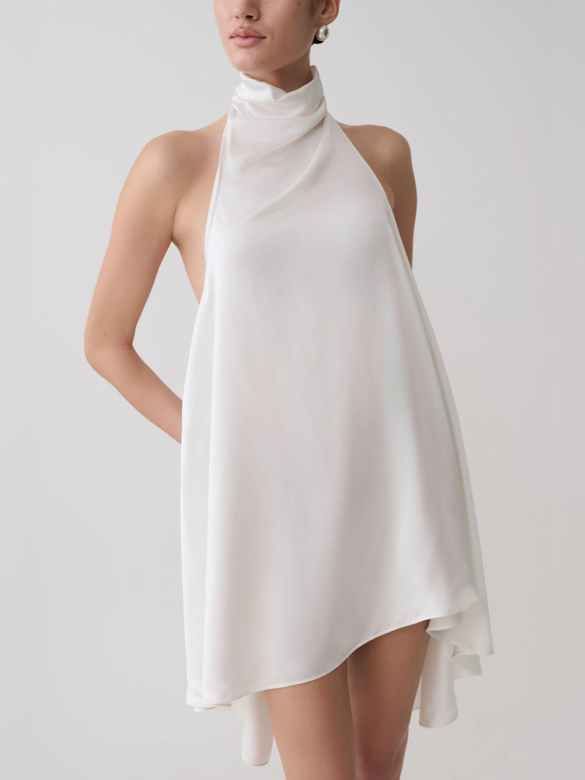 Ivory mini homecoming dress, alternate view showing the dress shape and hem