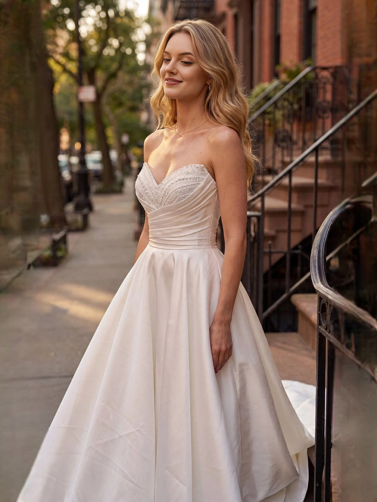 Ivory floor-length wedding dress, alternate view showing the dress shape and hem