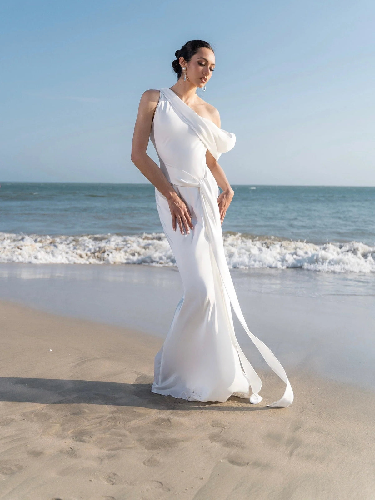 White midi wedding dress, alternate view showing the dress shape and hem