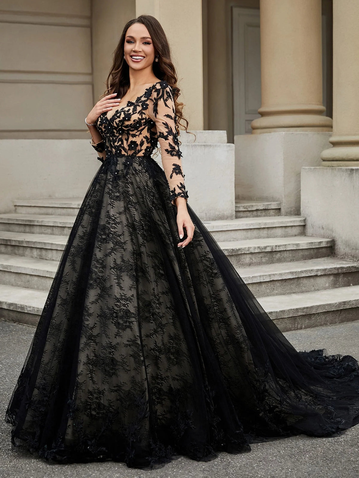 Black floor-length wedding dress, alternate view showing the dress shape and hem