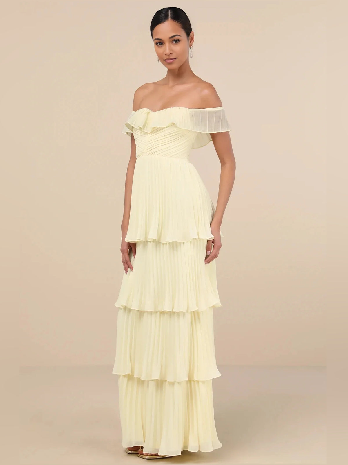 Pale Lemon maxi bridesmaid dress, alternate view showing the dress shape and hem