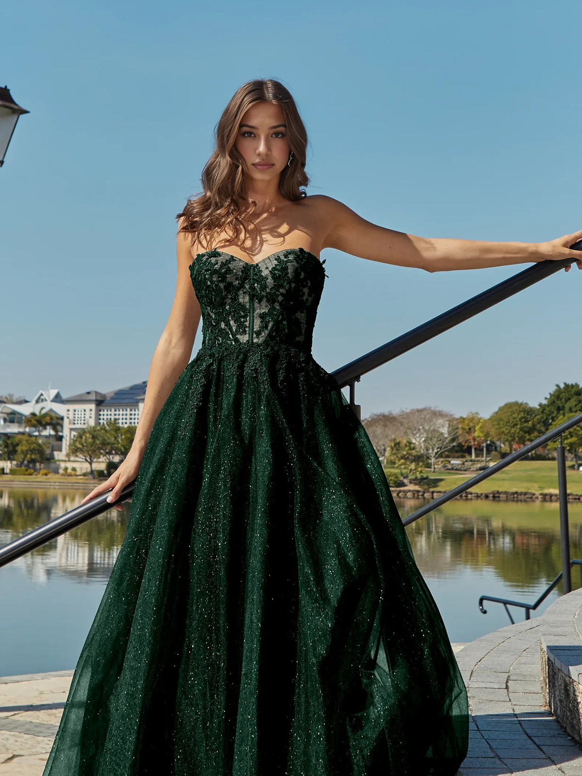 Dark Green floor-length prom dress, front view showing the a-line silhouette