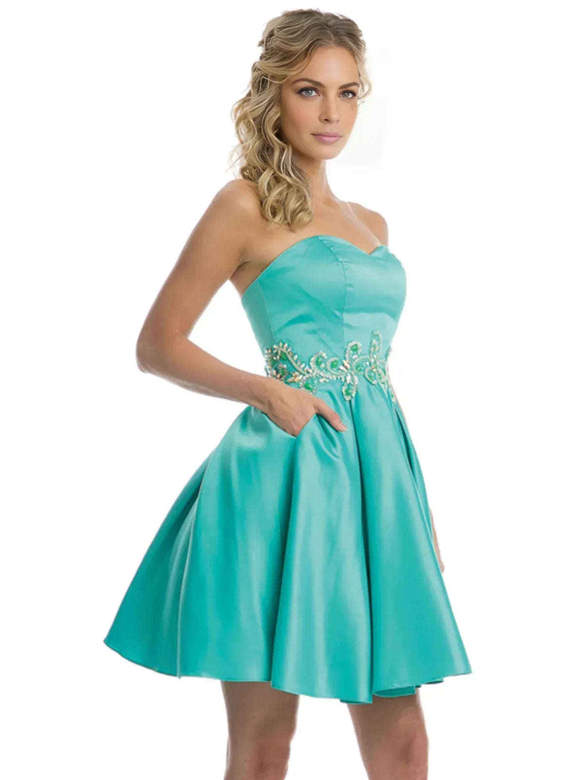 Turquoise short homecoming dress, alternate view showing the dress shape and hem
