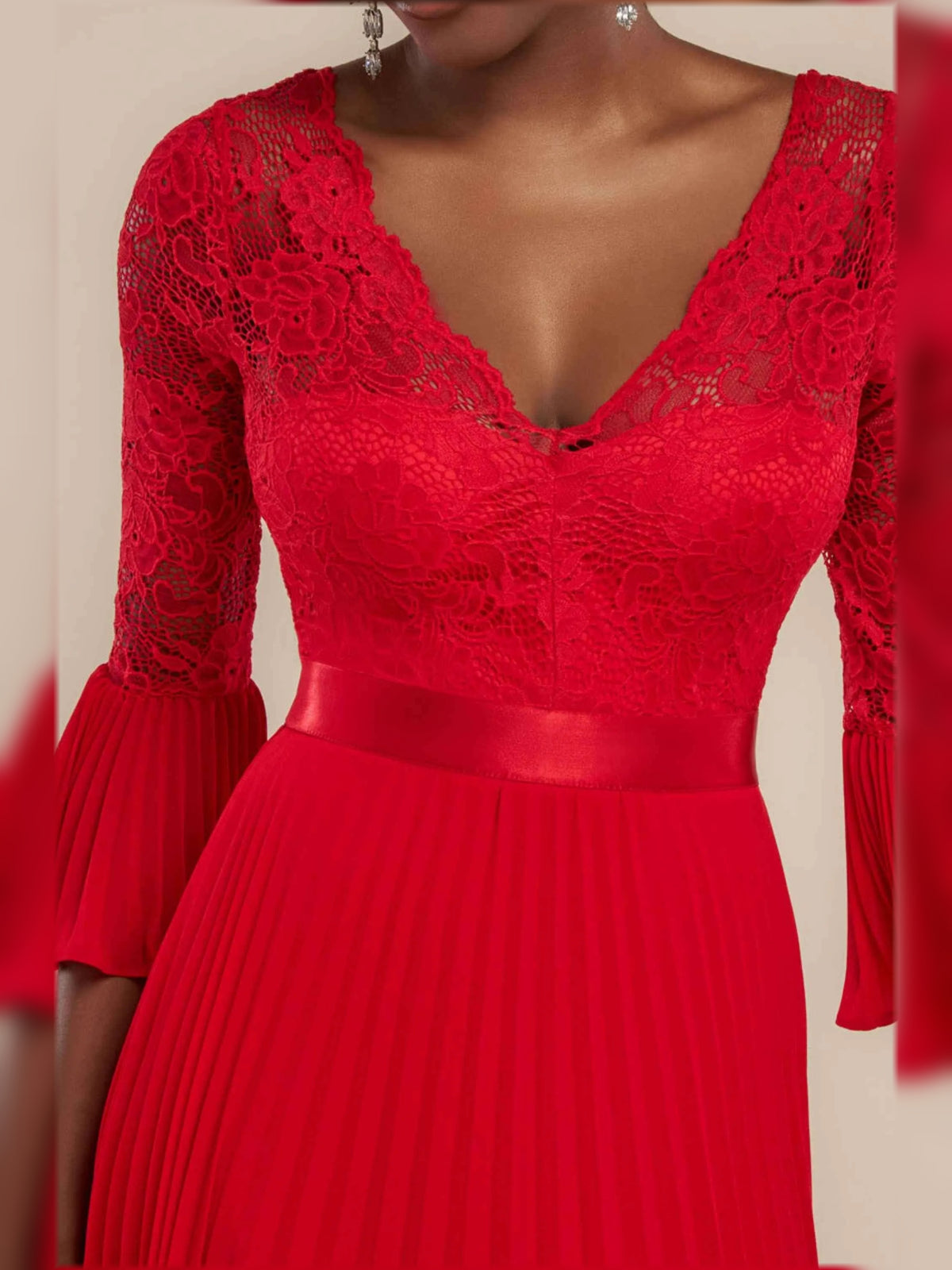 Red maxi mother of the bride dress, alternate view showing the dress shape and hem