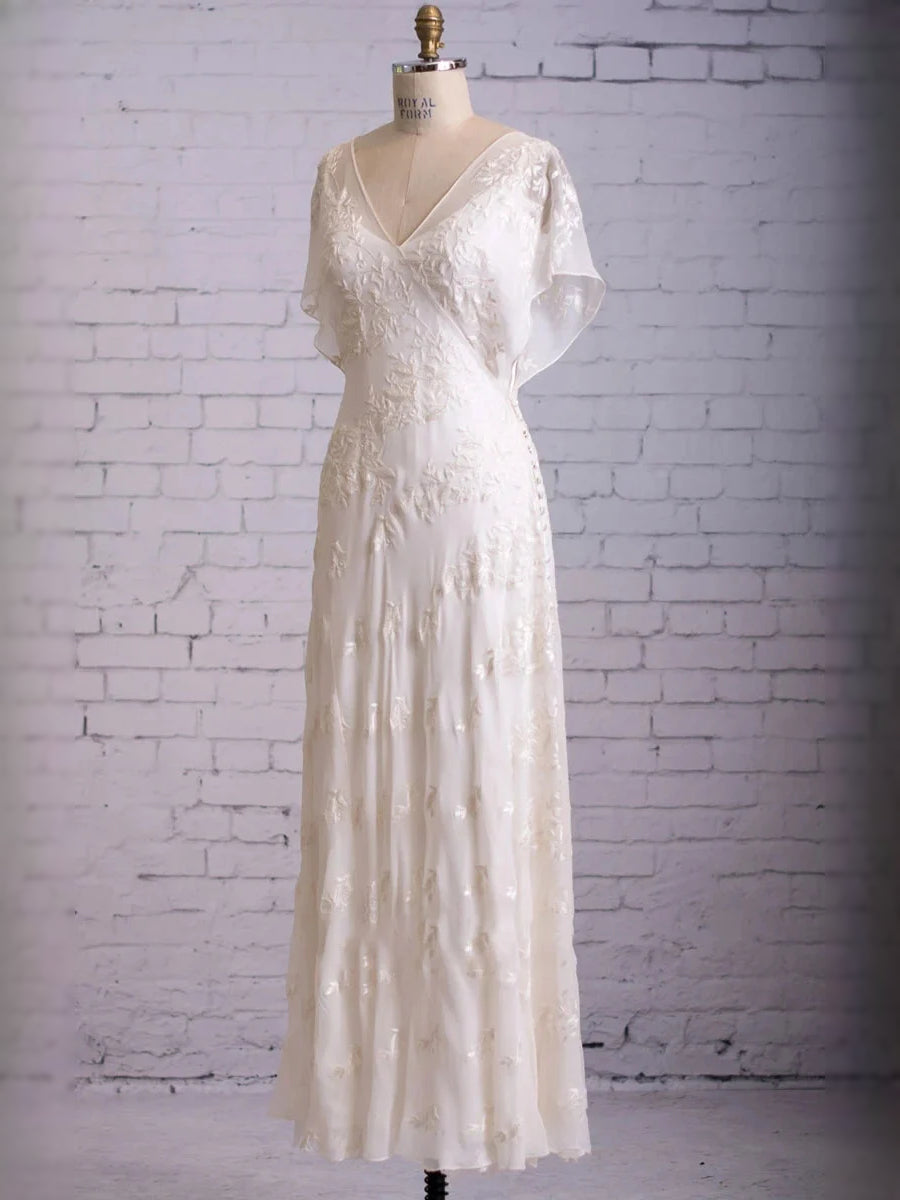 White floor-length wedding dress, alternate view showing the dress shape and hem