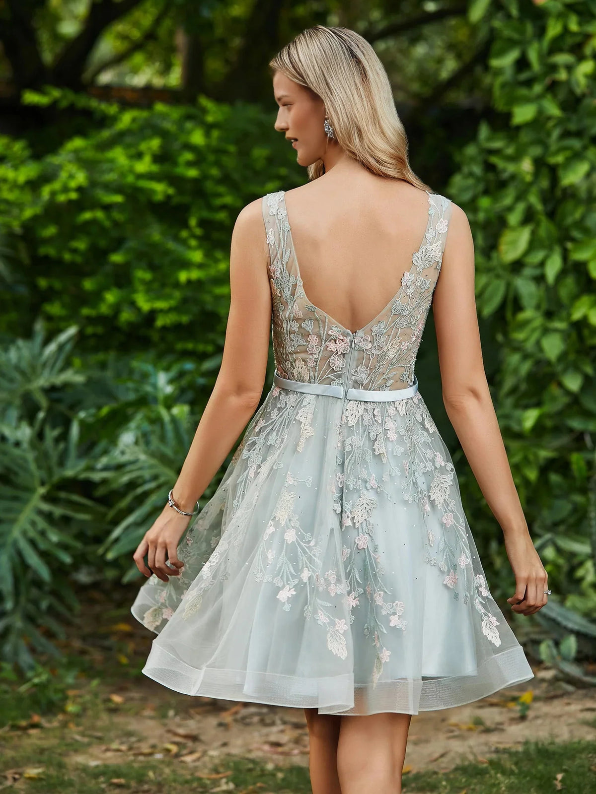 Sage Green mini homecoming dress, alternate view showing the dress shape and hem