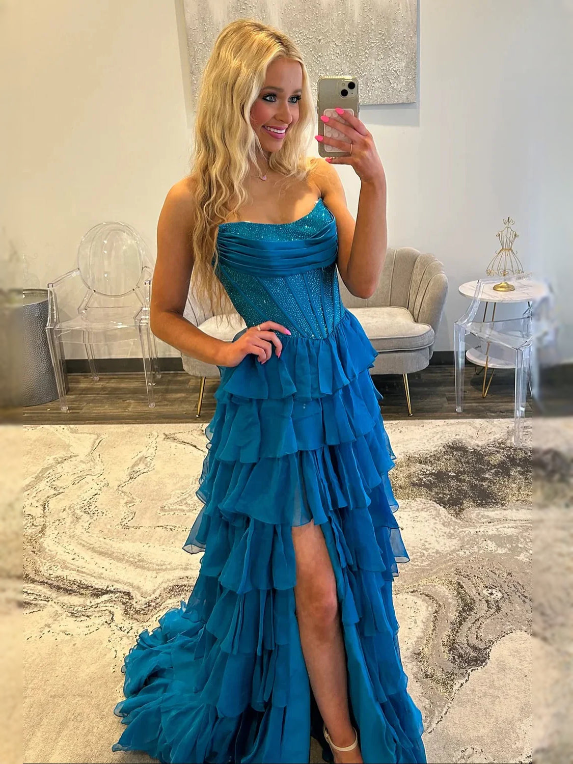 Cobalt Blue floor-length prom dress, alternate view showing the dress shape and hem