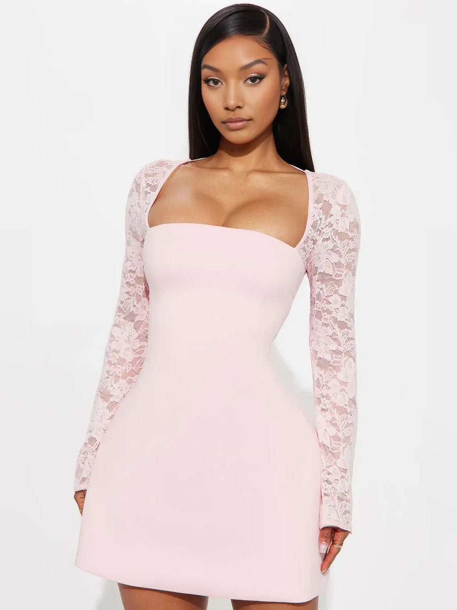 Blush Pink mini homecoming dress, alternate view showing the dress shape and hem