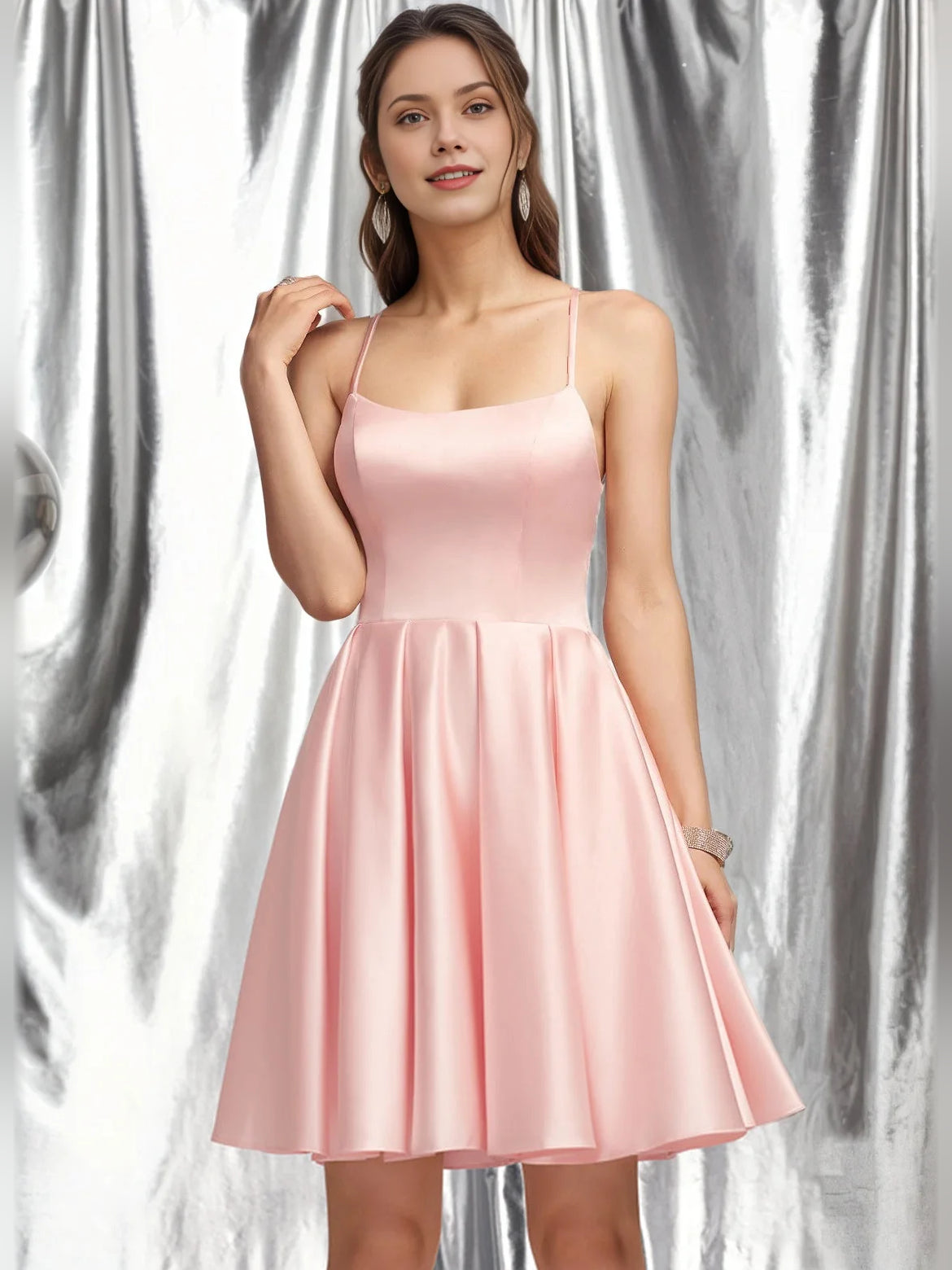 Pearl Pink mini homecoming dress, alternate view showing the dress shape and hem