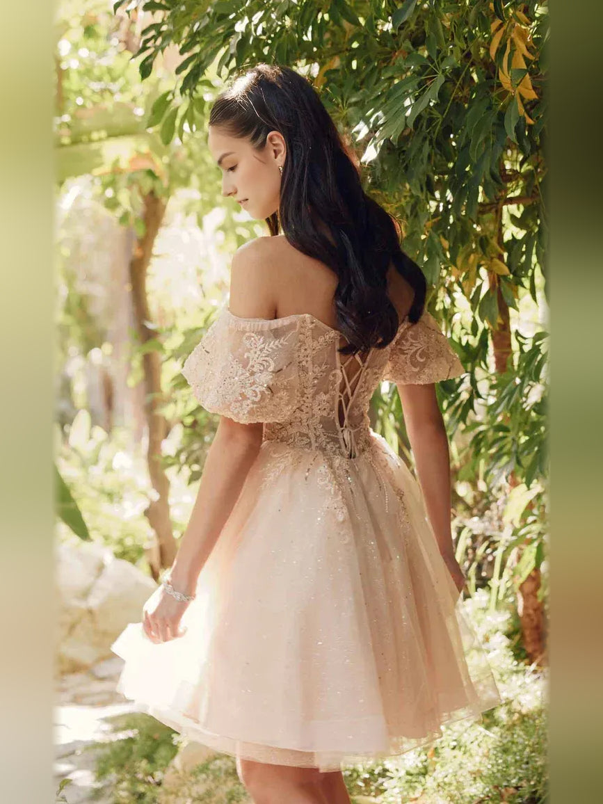 Champagne short homecoming dress, alternate view showing the dress shape and hem