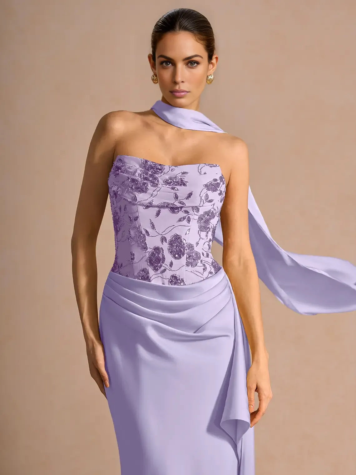 Lilac mermaid floor-length formal dress with beading, alternate view