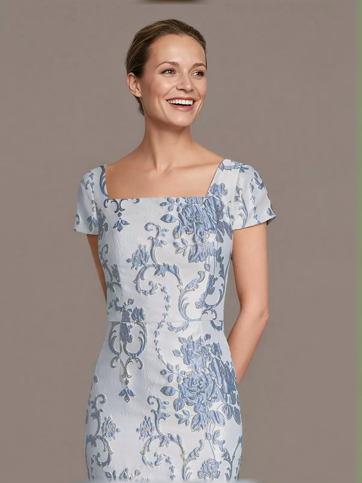Blue short mother of the bride dress, alternate view showing the dress shape and hem