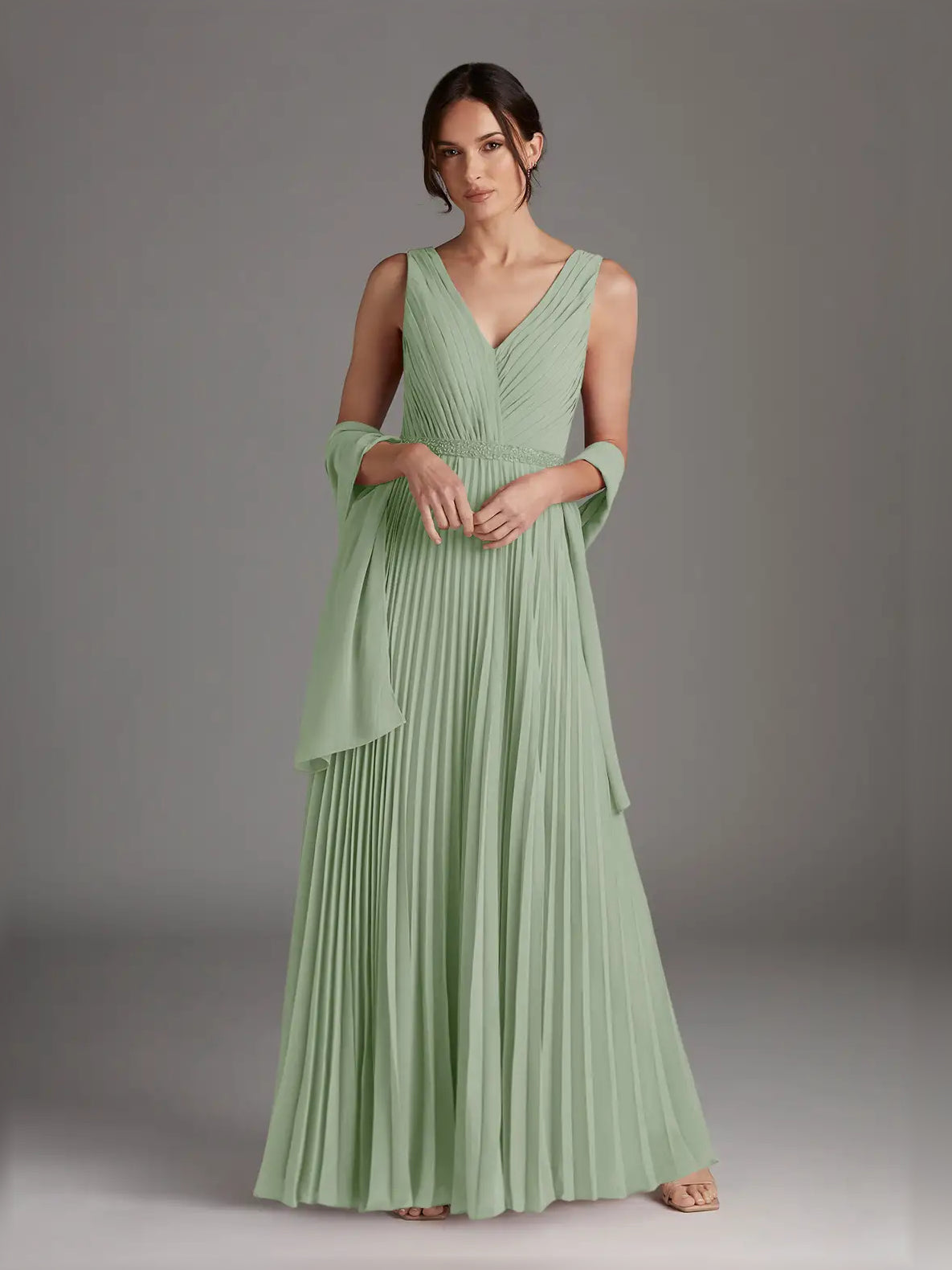 Dusty Sage maxi mother of the bride dress, alternate view showing the dress shape and hem
