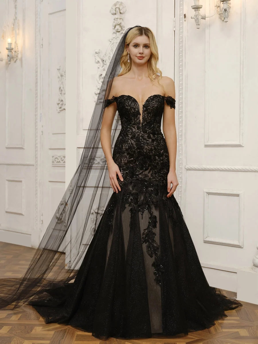 Black floor-length wedding dress, alternate view showing the dress shape and hem
