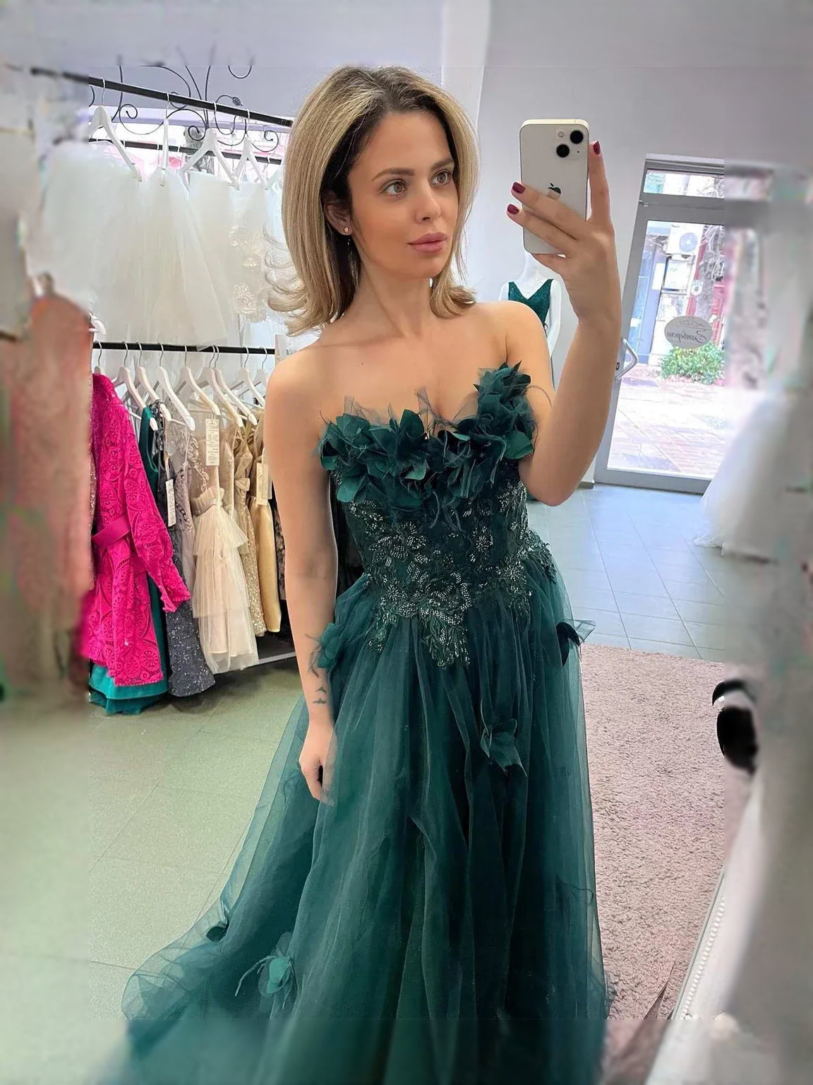 Emerald Green maxi prom dress, alternate view showing the dress shape and hem