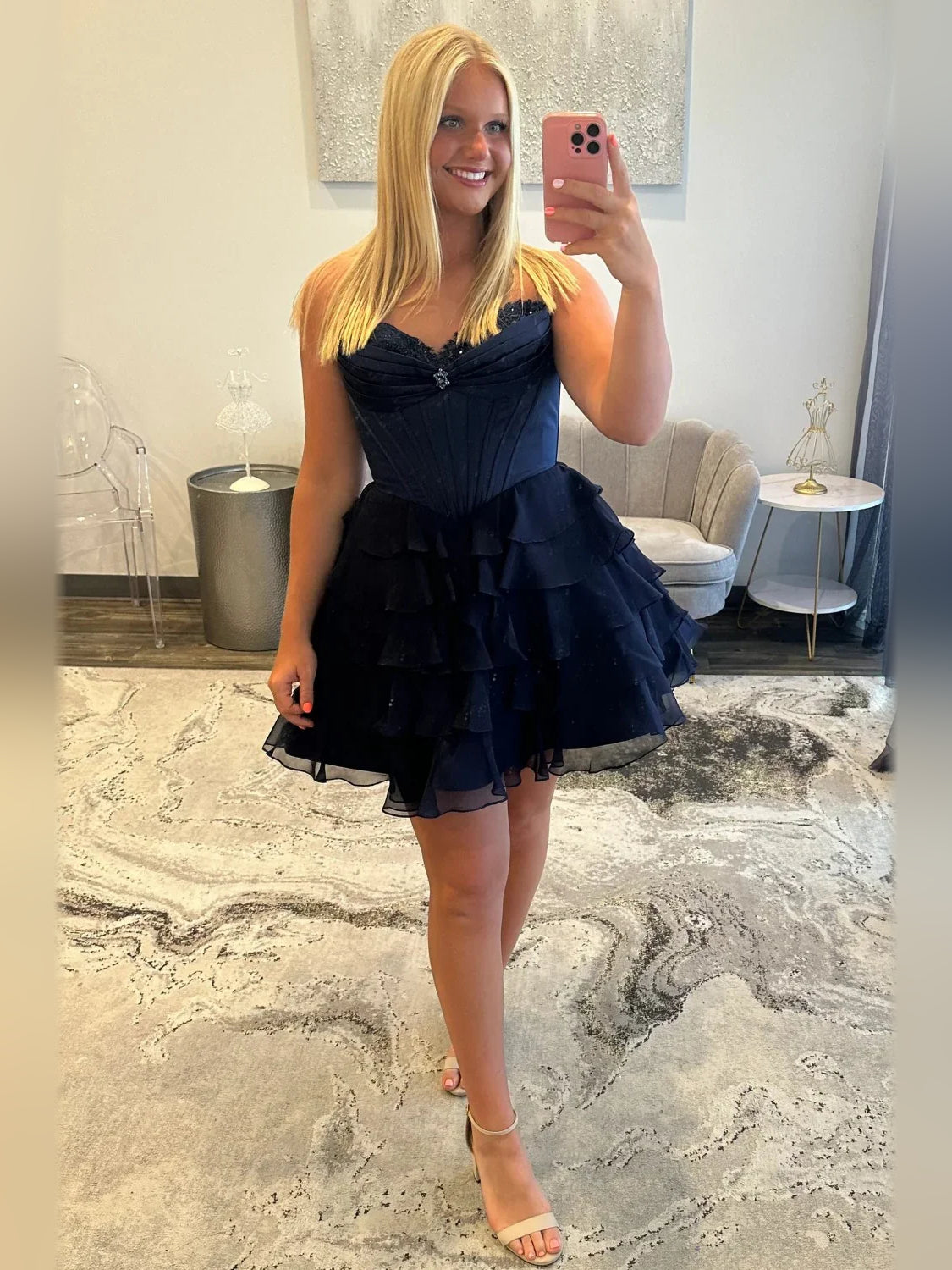 Sky Blue short homecoming dress, alternate view showing the dress shape and hem