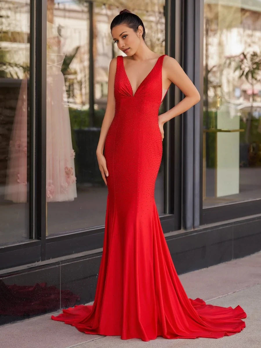 Red maxi prom dress, alternate view showing the dress shape and hem