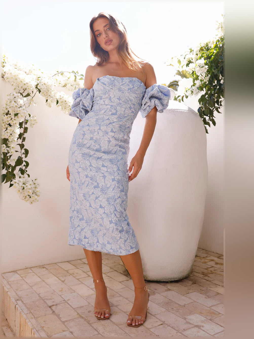 Blue midi formal dress with off-the-shoulder neckline, alternate view showing the bodice