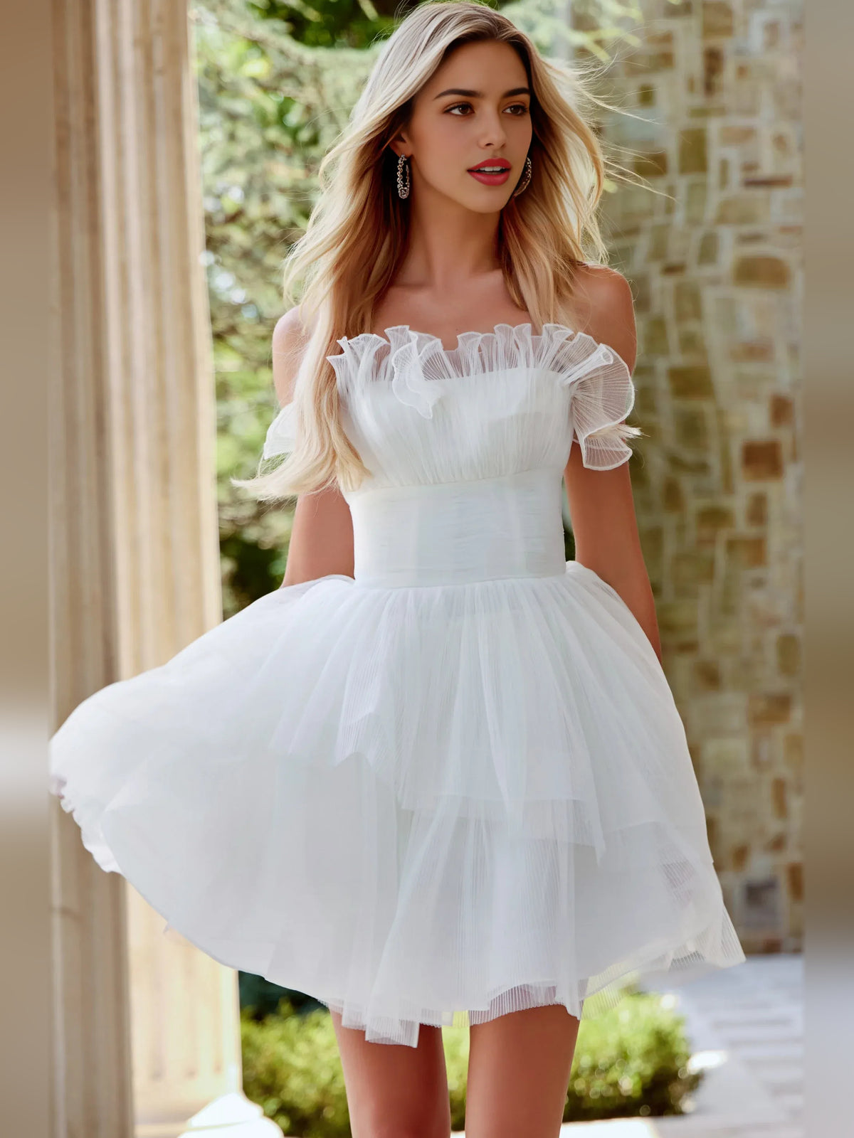 Ivory mini homecoming dress, alternate view showing the dress shape and hem