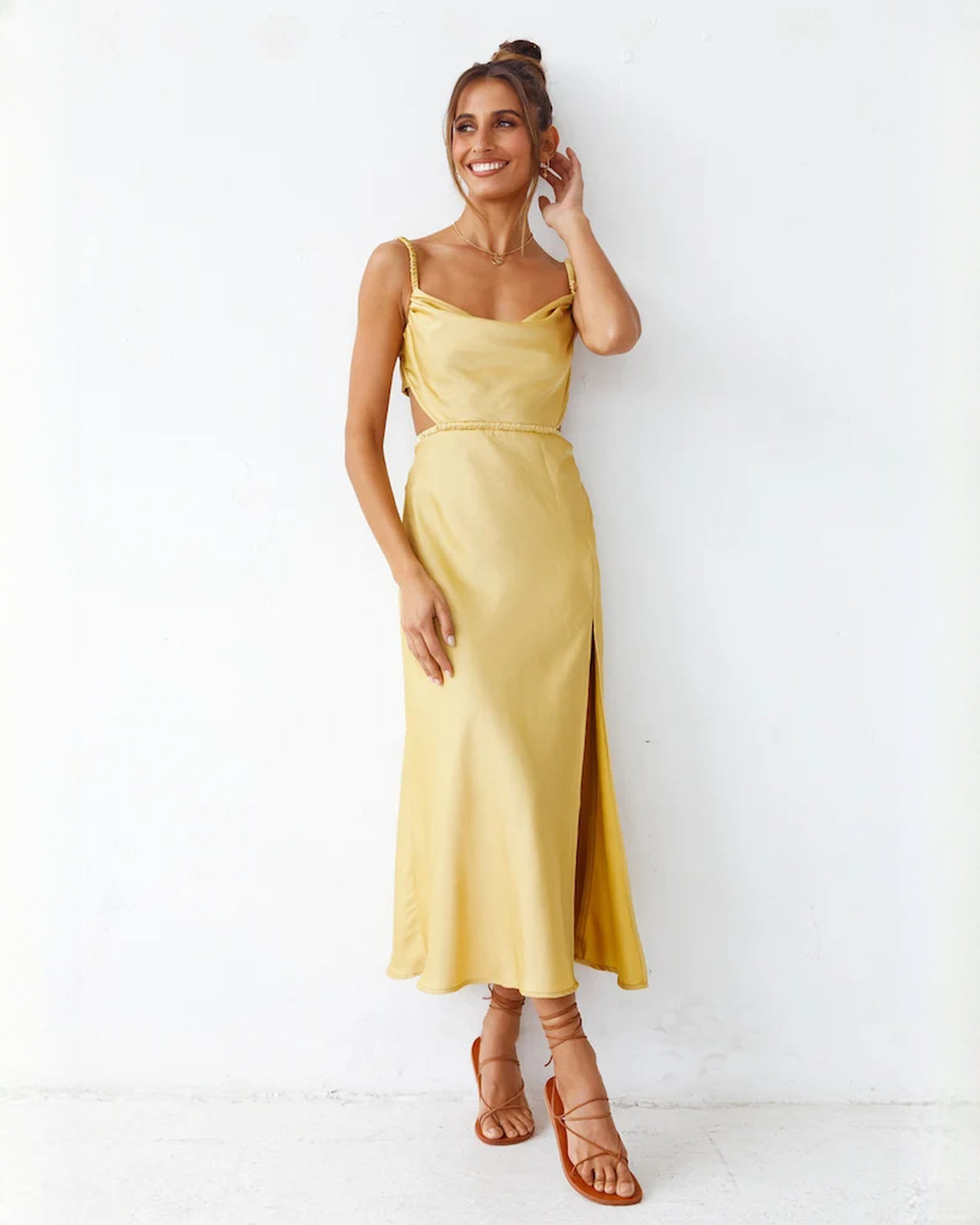 sleeveless satin a-line maxi bridesmaid dress - image 3