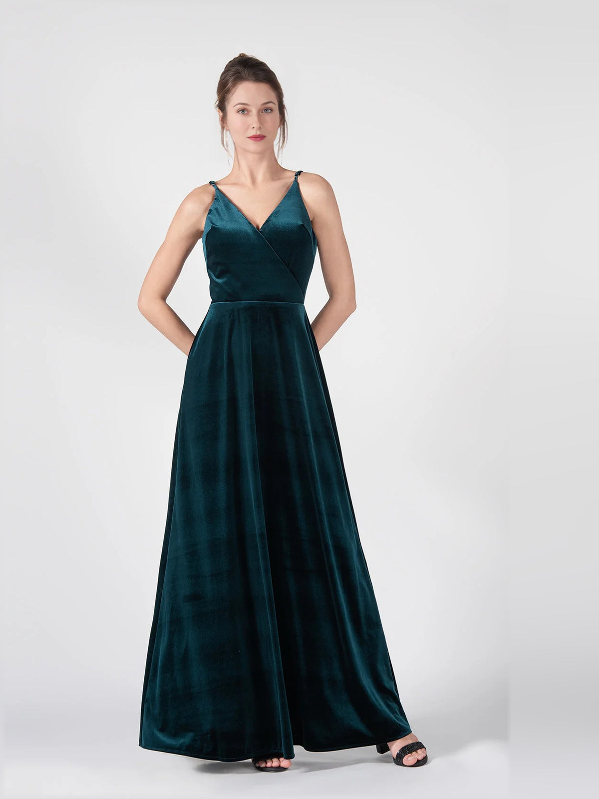 Dark Green a-line floor-length formal dress with V-neckline, alternate view showing the bodice