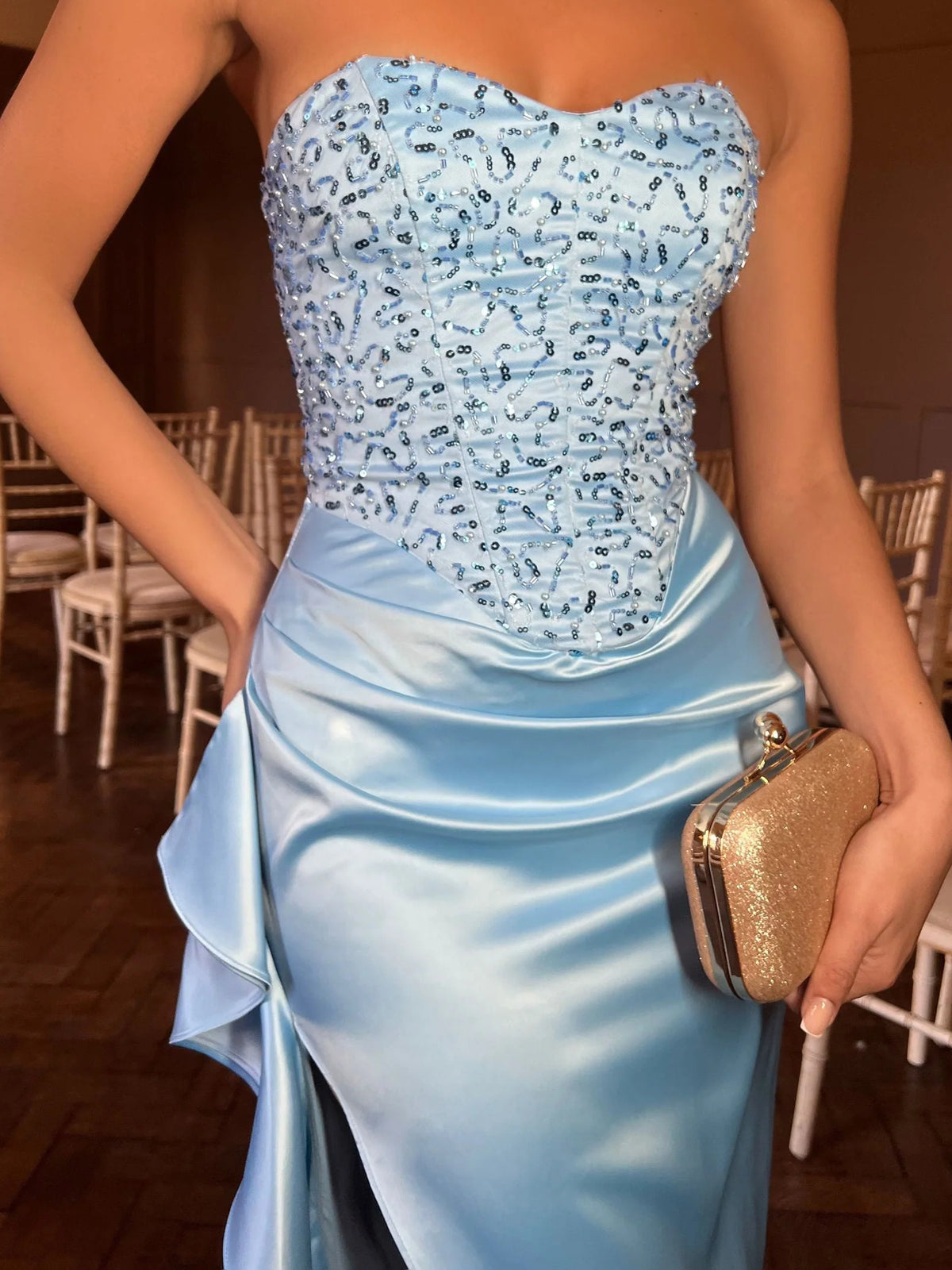 Blue floor-length prom dress, alternate view showing the dress shape and hem