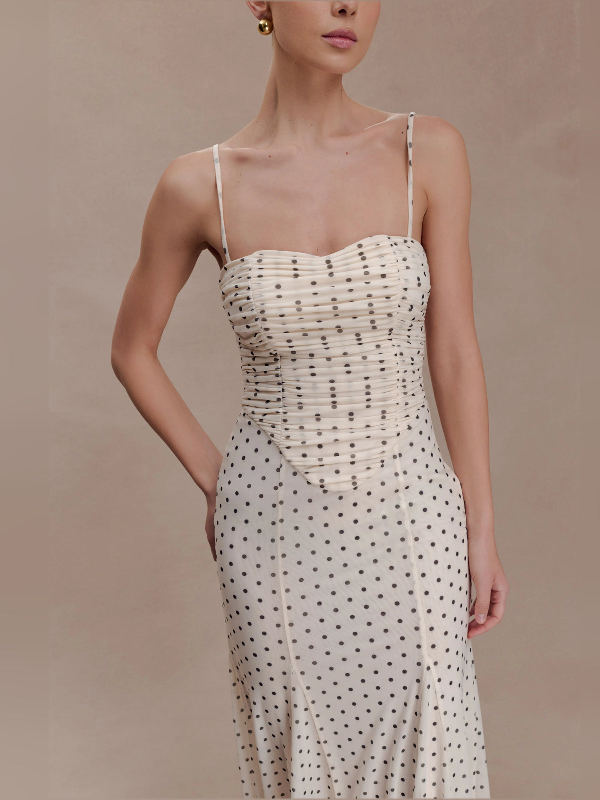 Polka Dot midi formal dress with printed pattern, alternate view showing the bodice