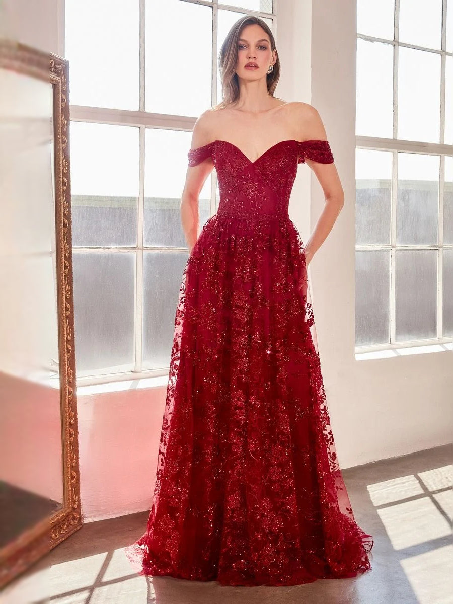 Burgundy floor-length prom dress, front view showing the ball-gown silhouette