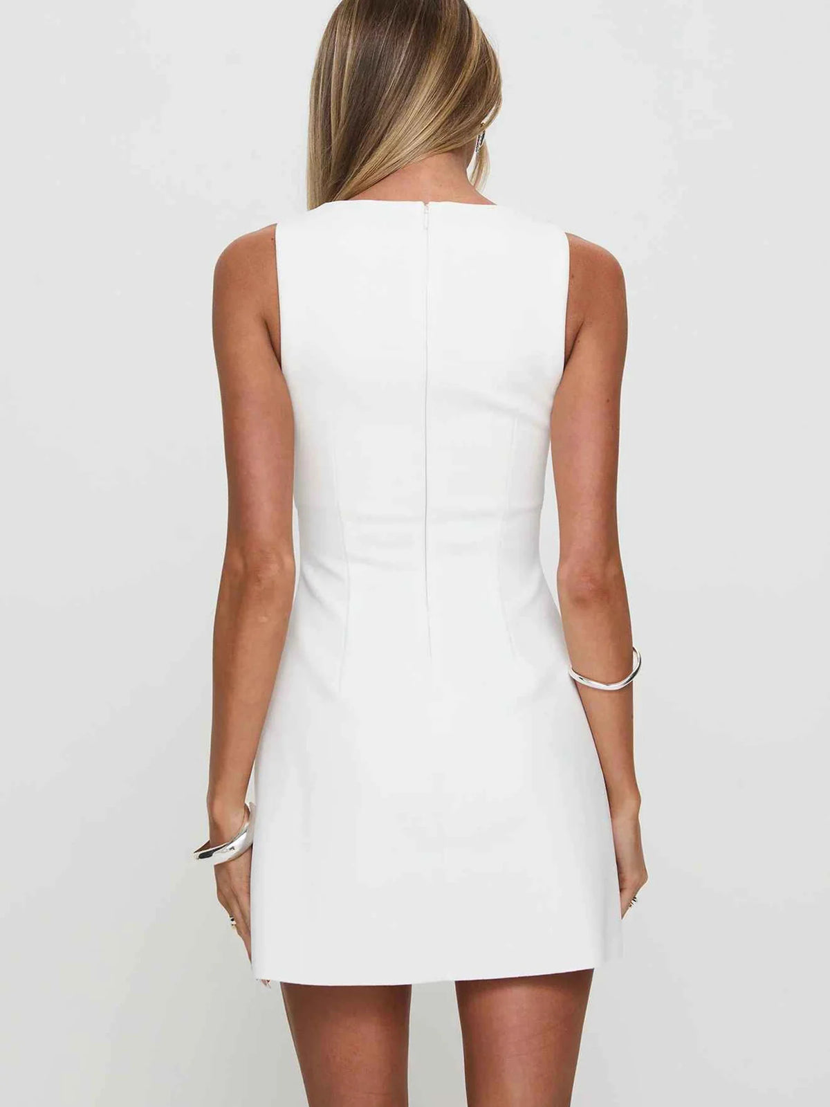Ivory mini homecoming dress, alternate view showing the dress shape and hem