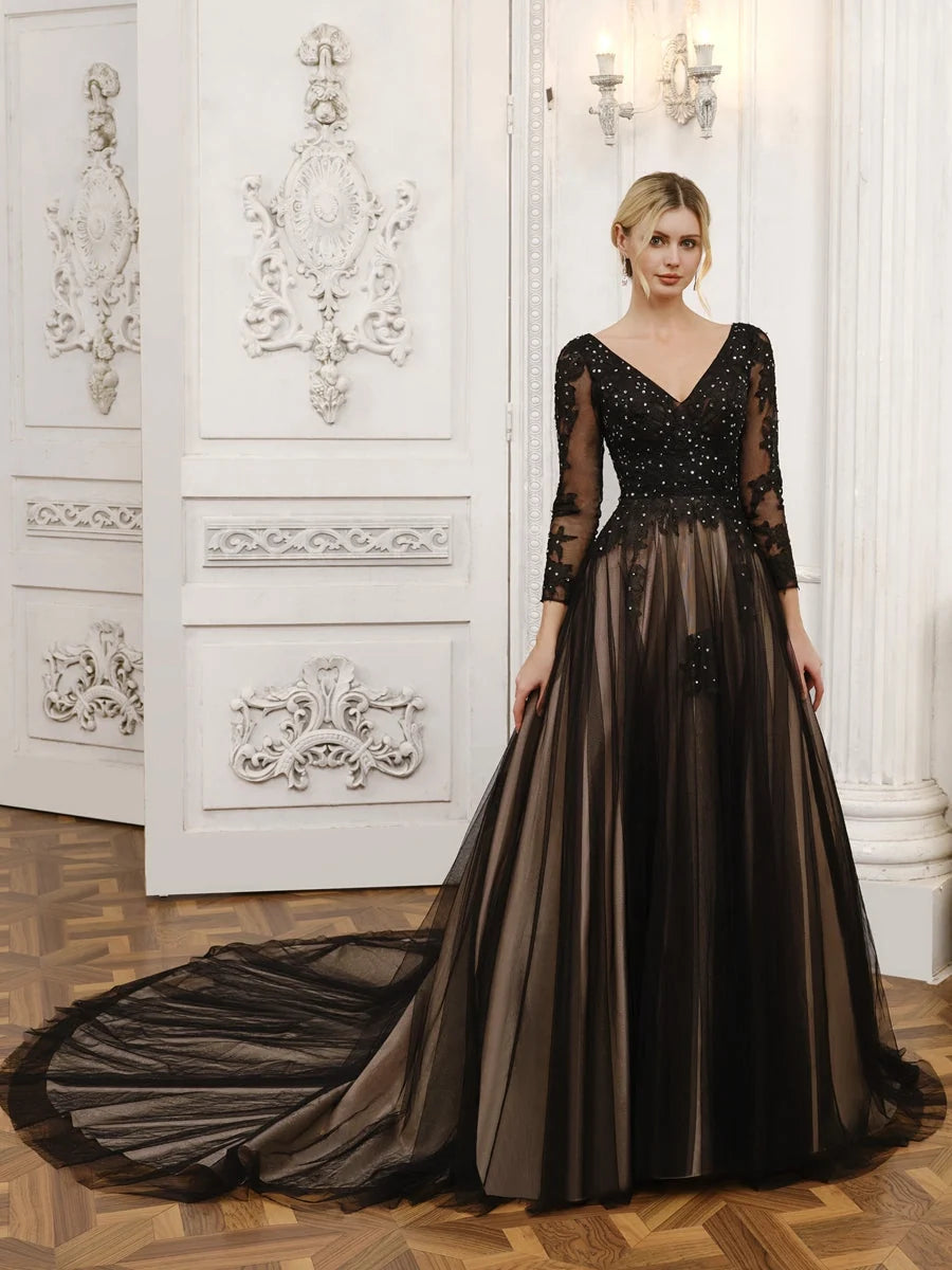 Black floor-length wedding dress, alternate view showing the dress shape and hem