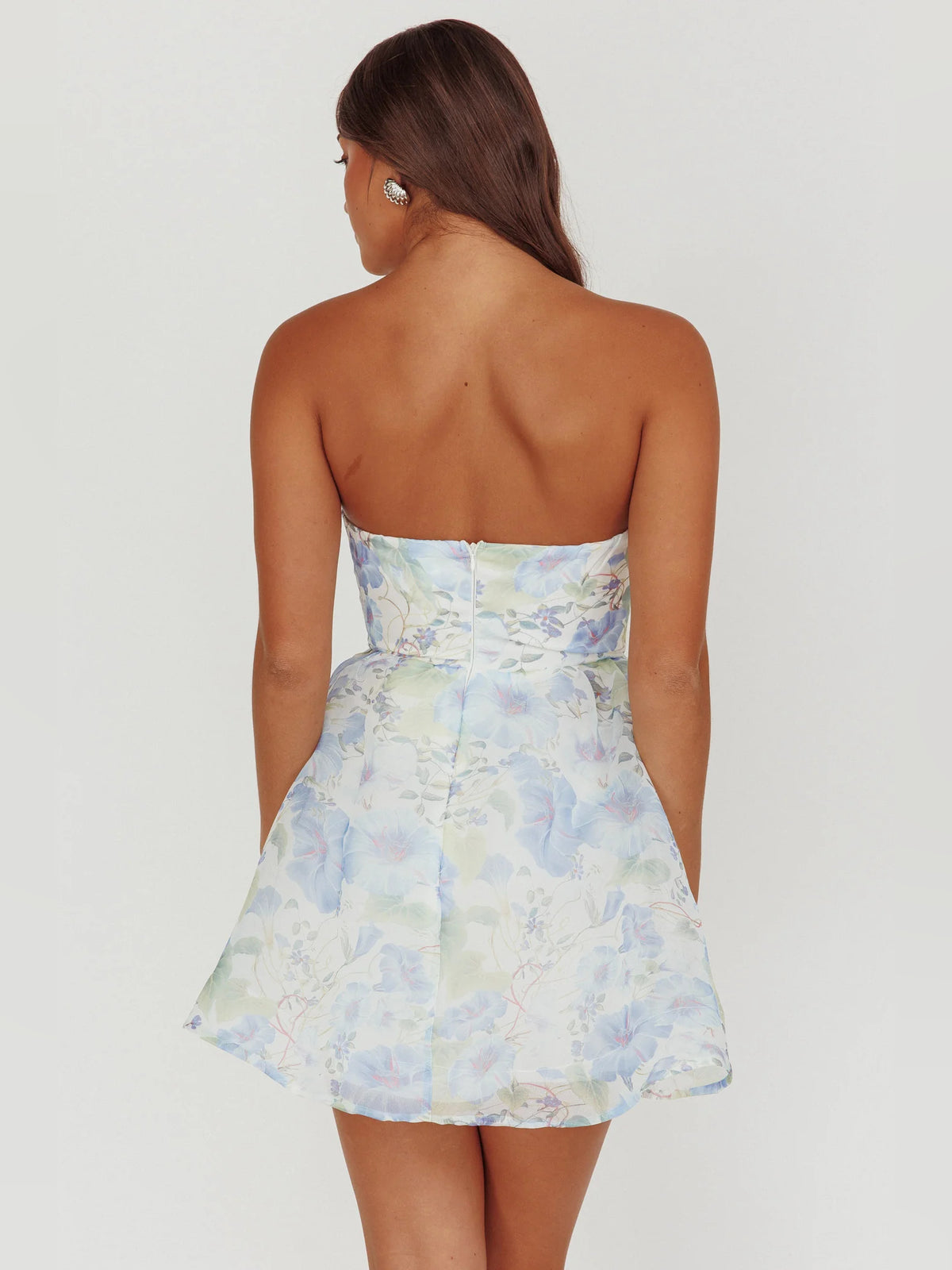 Blue mini homecoming dress, alternate view showing the dress shape and hem