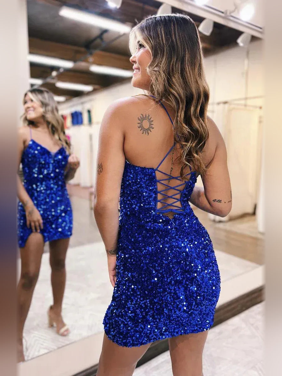 Royal Blue mini homecoming dress, alternate view showing the dress shape and hem