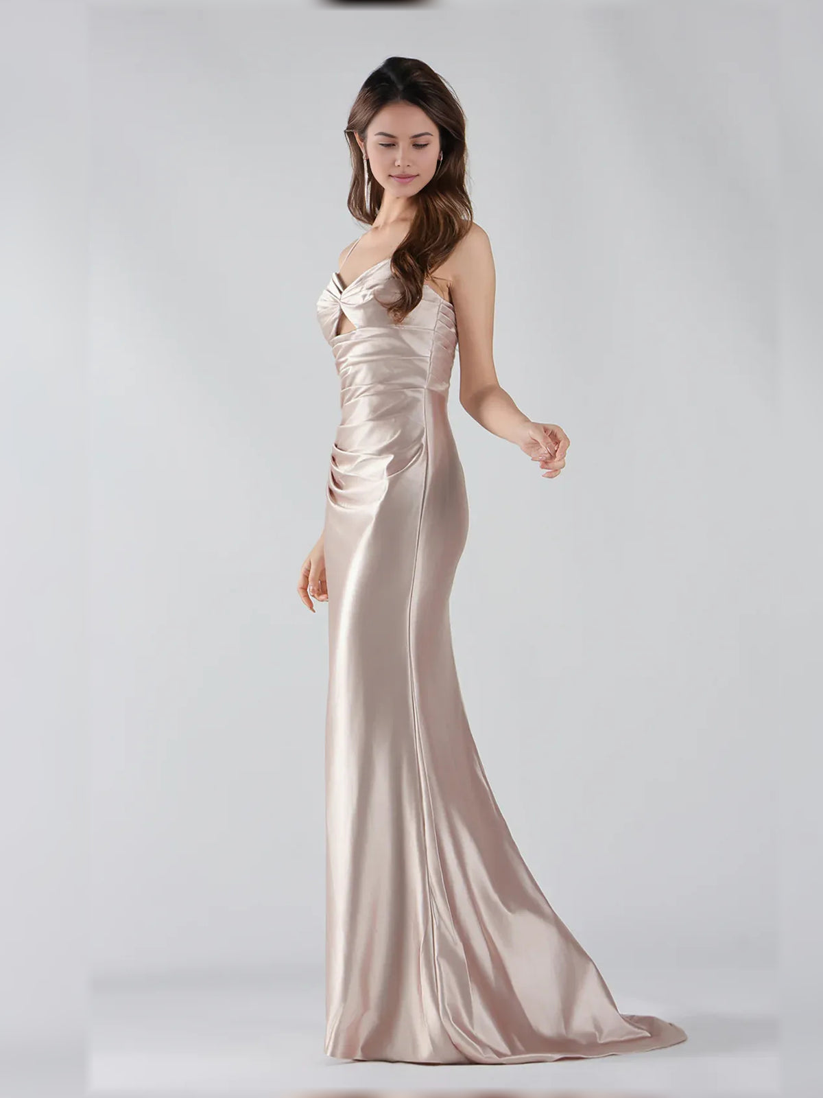 Taupe mermaid floor-length formal dress with cutout detail, alternate view