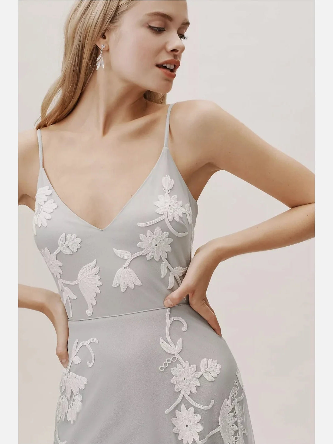 Light Gray maxi prom dress, alternate view showing the dress shape and hem