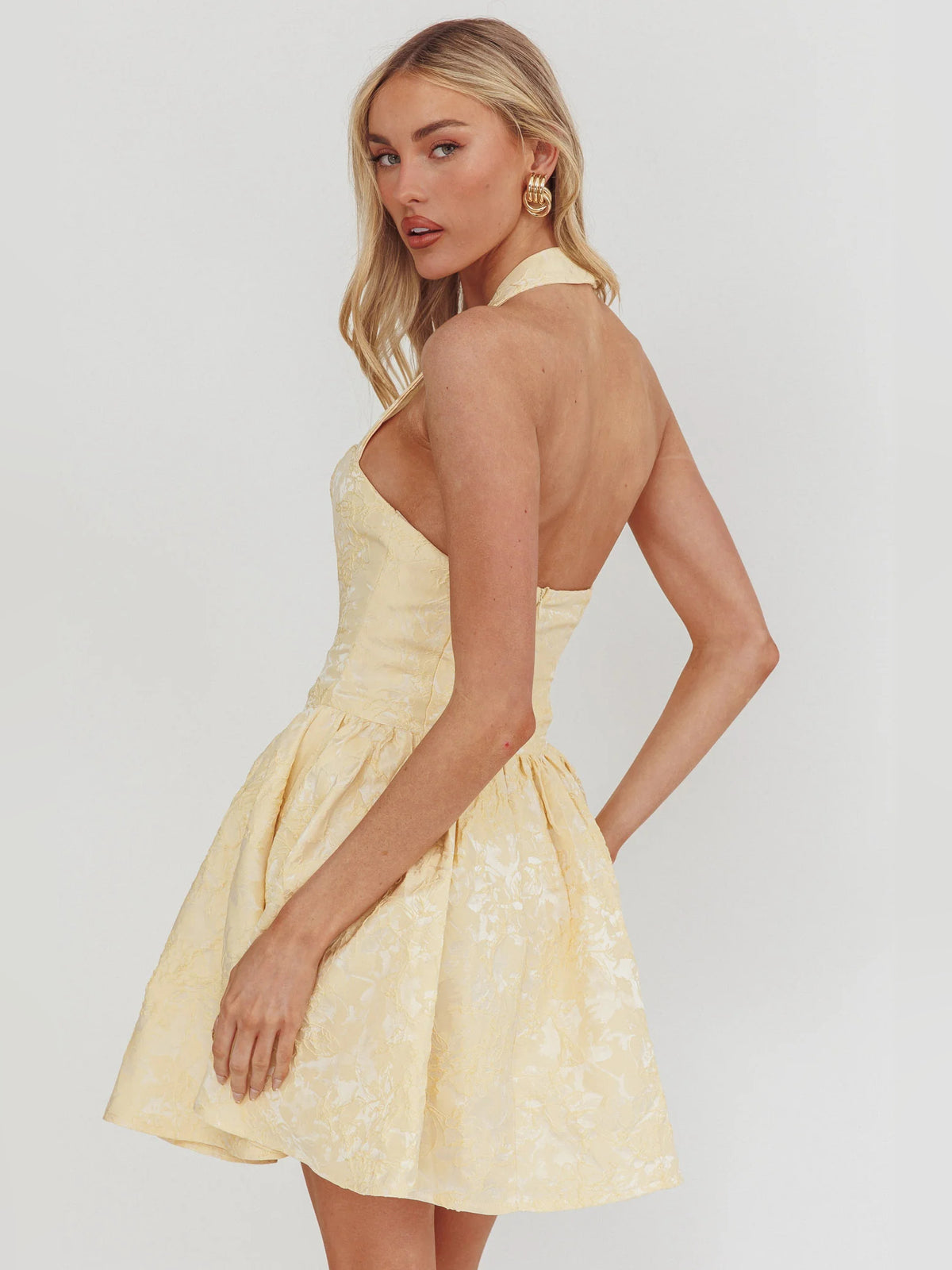 Butter mini homecoming dress, alternate view showing the dress shape and hem