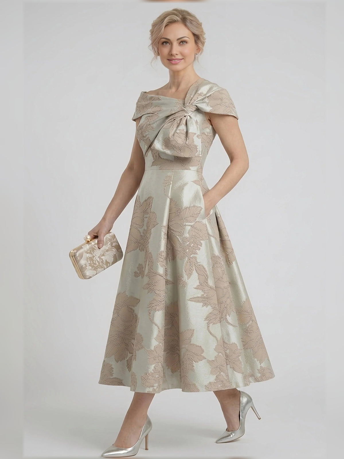 Champagne tea-length mother of the bride dress, alternate view showing the dress shape and hem