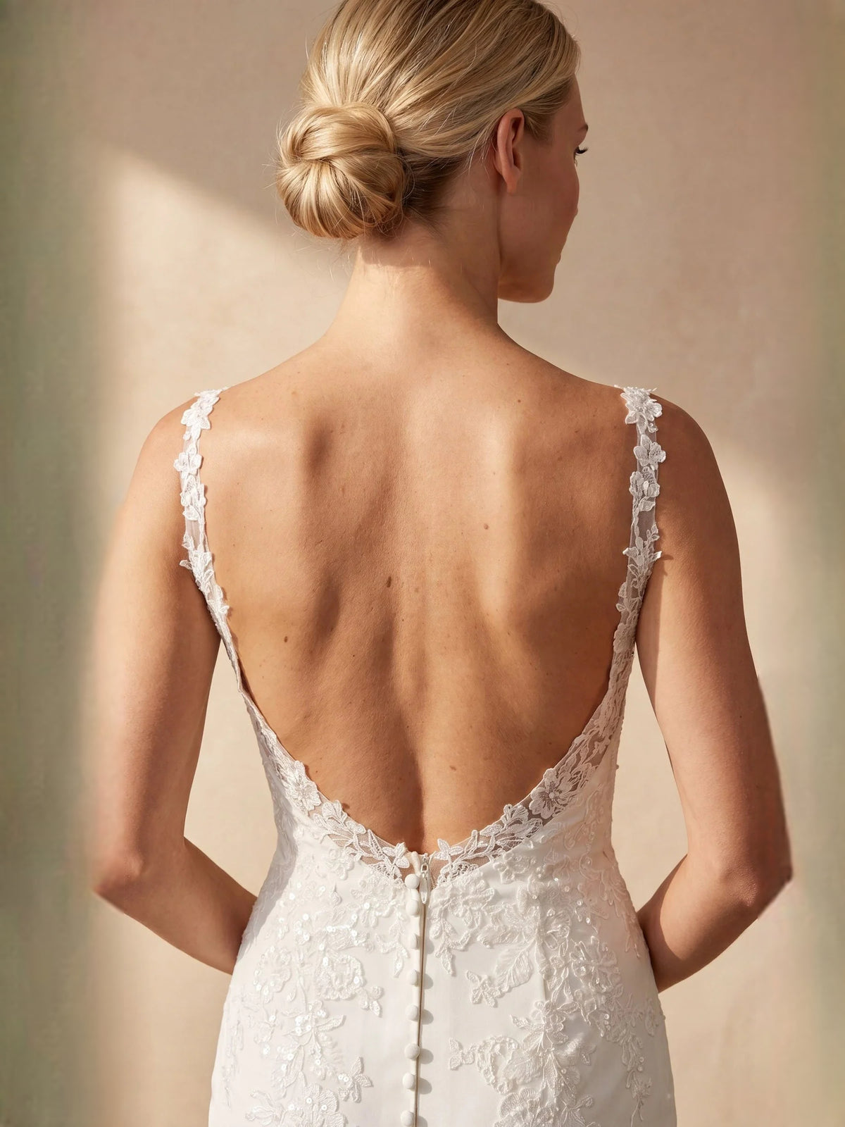 Ivory floor-length wedding dress, alternate view showing the dress shape and hem