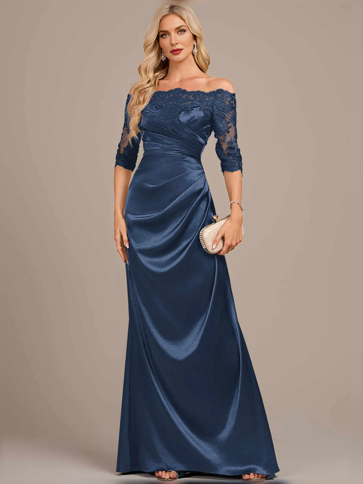 Dark Blue floor-length mother of the bride dress, alternate view showing the dress shape and hem