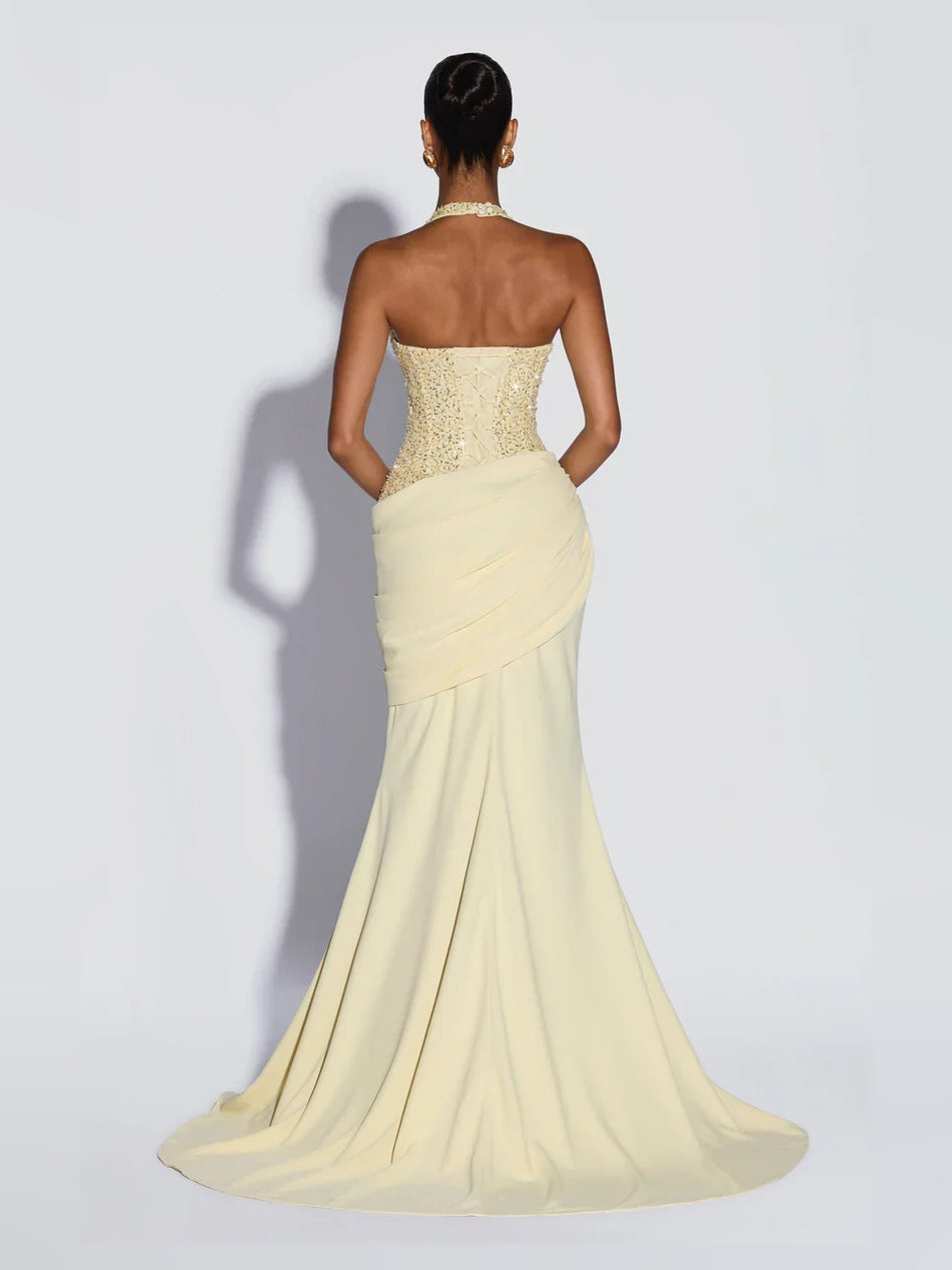 Lemon maxi prom dress, alternate view showing the dress shape and hem