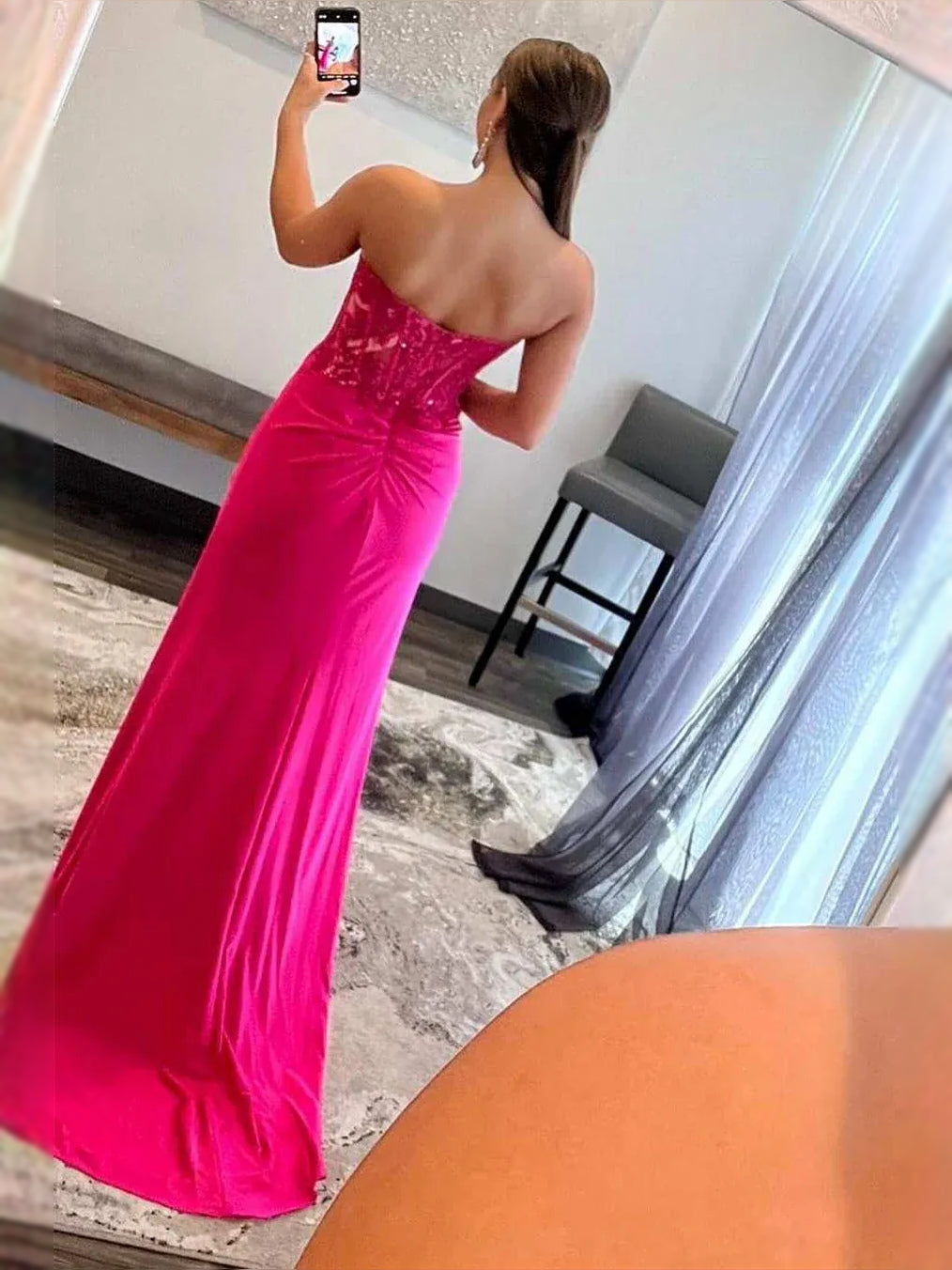 Hot Pink floor-length prom dress, alternate view showing the dress shape and hem