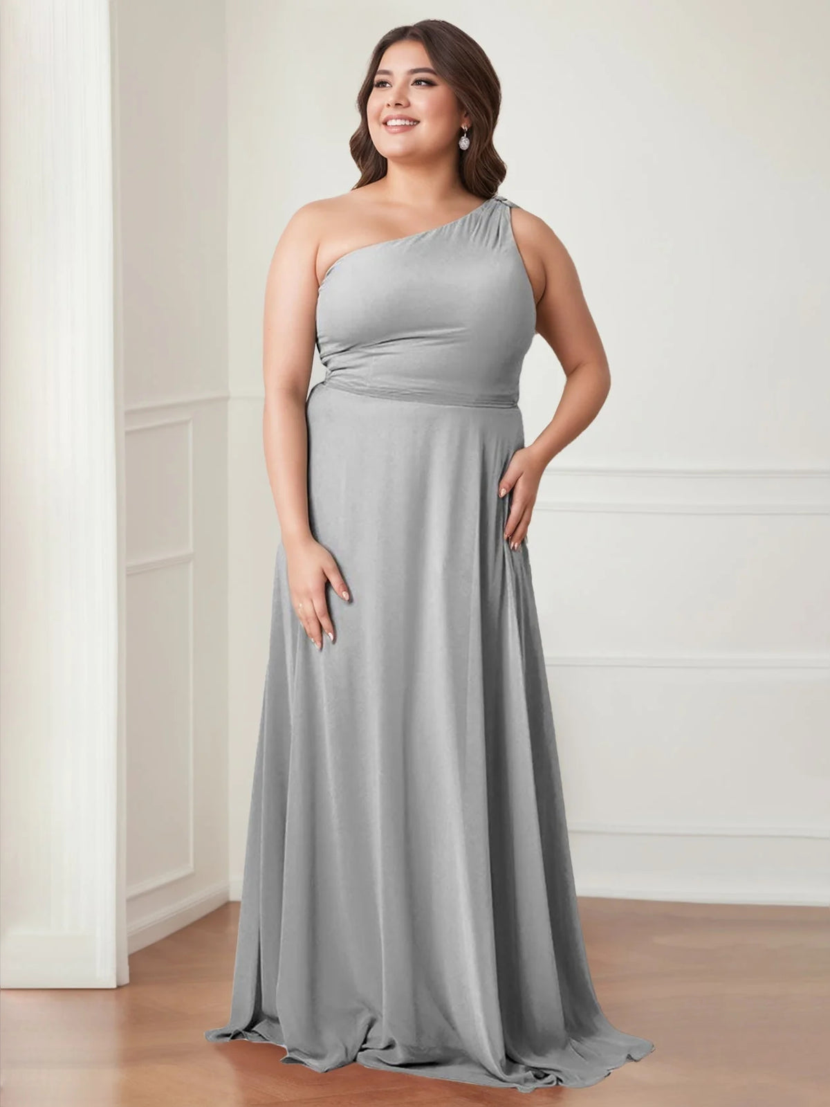 Silver floor-length prom dress, alternate view showing the dress shape and hem