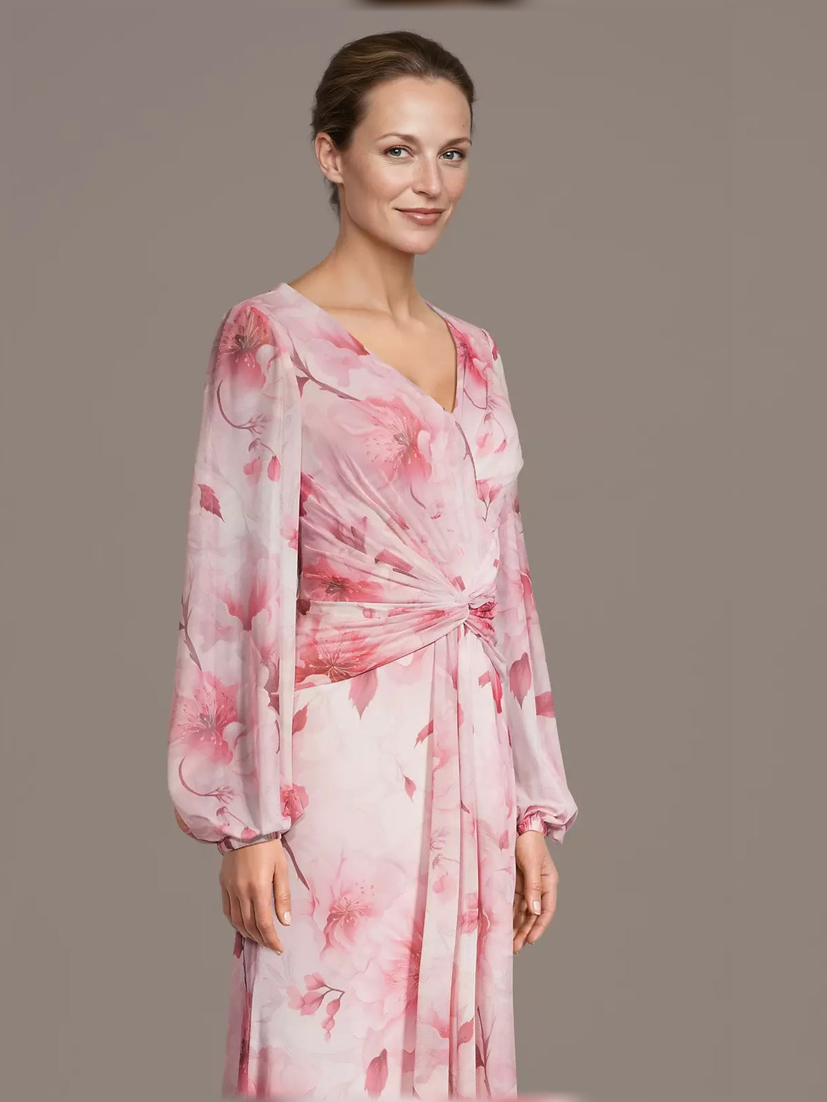 Floral maxi mother of the bride dress, alternate view showing the dress shape and hem