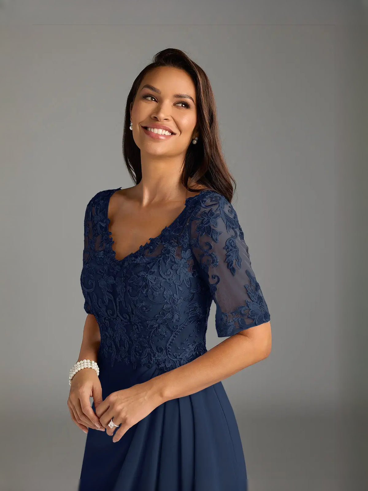 Dark Navy maxi mother of the bride dress, alternate view showing the dress shape and hem