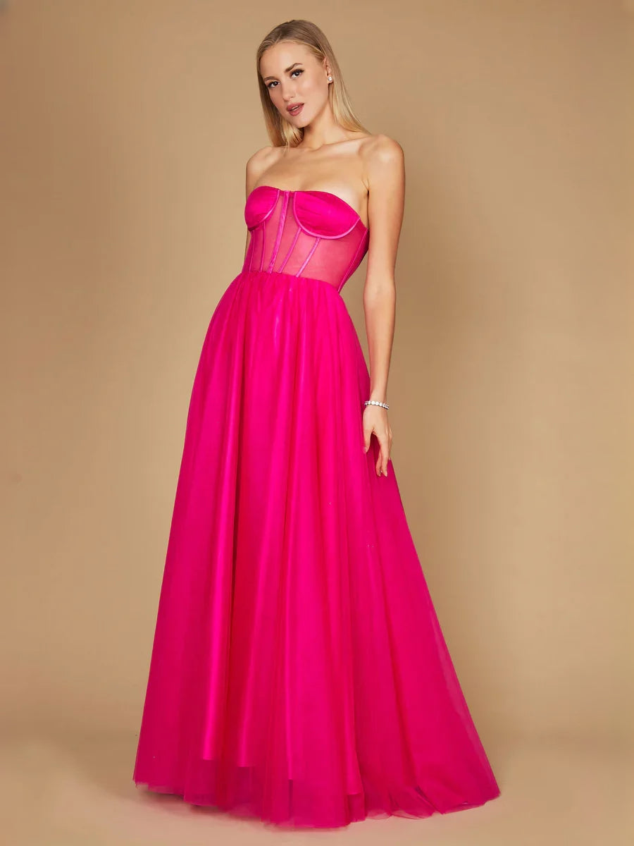 Fuchsia floor-length prom dress, back view showing the rear of the dress