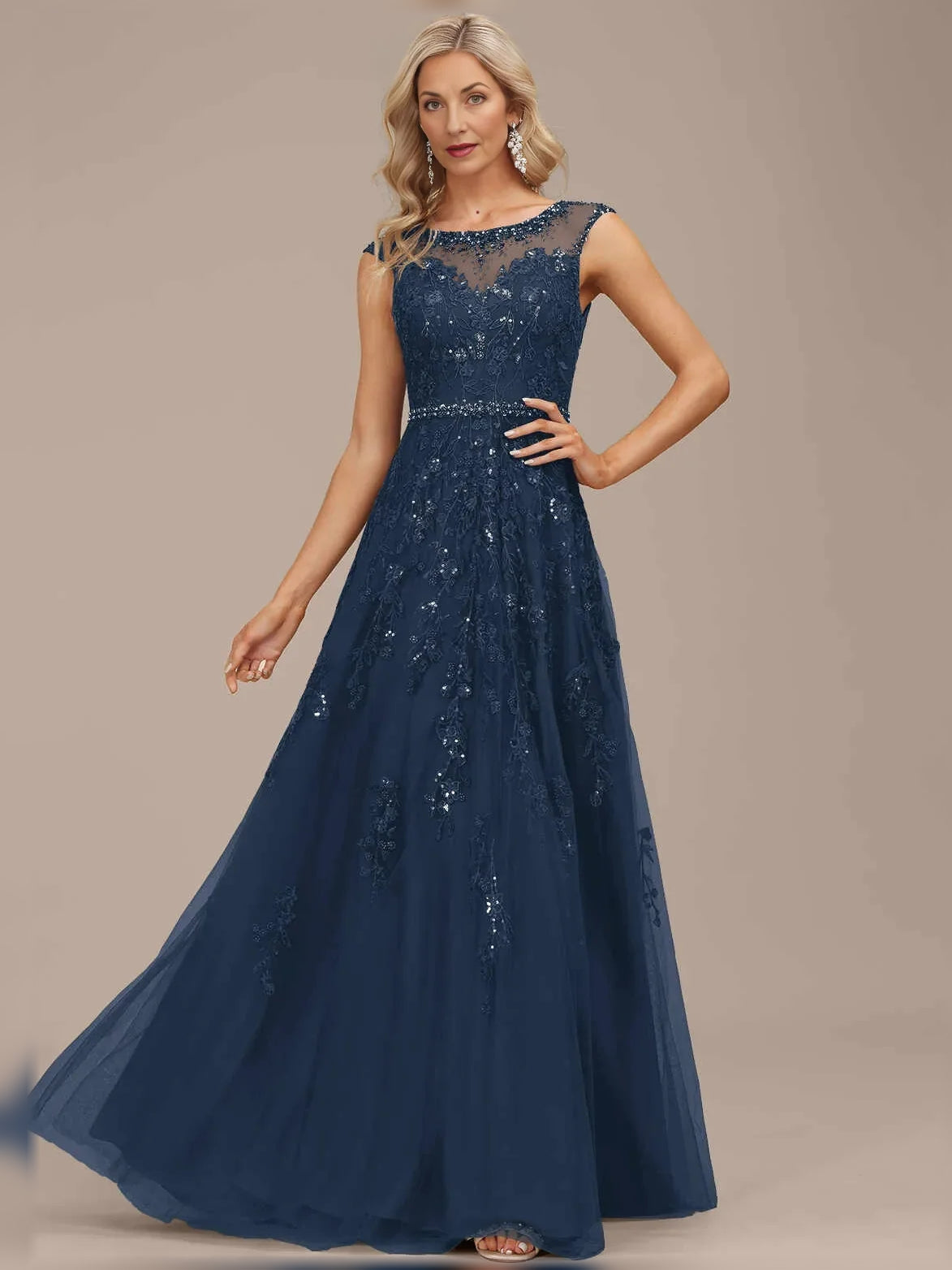 Dark Blue maxi mother of the bride dress, alternate view showing the dress shape and hem