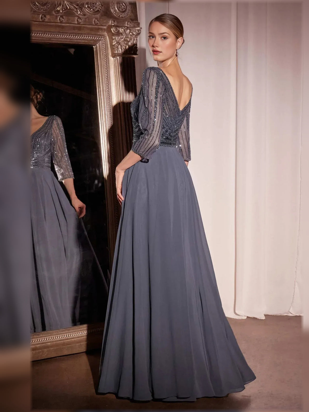 Wisteria a-line floor-length formal dress with beading, alternate view showing the bodice