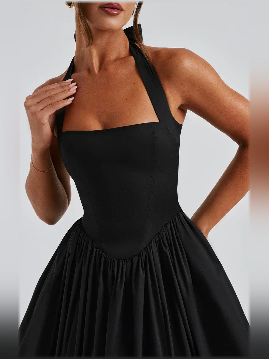 Black a-line midi formal dress with halter neckline, alternate view showing the bodice