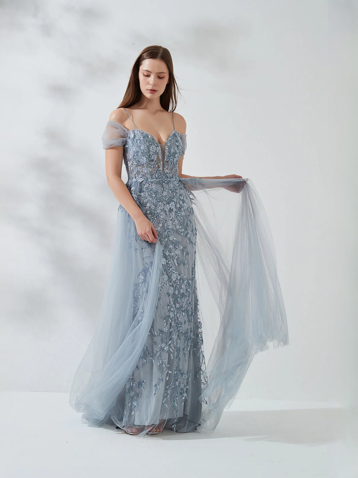 Light Gray floor-length prom dress, alternate view showing the dress shape and hem