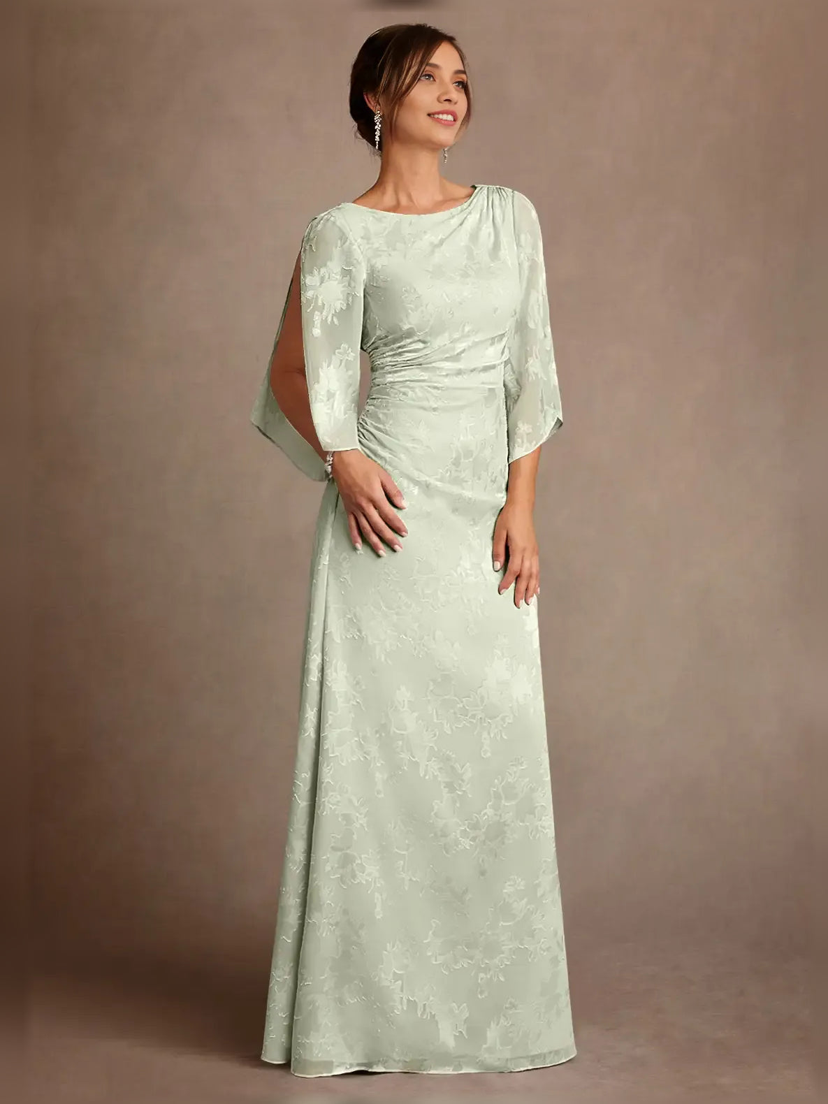 Mint Green floor-length mother of the bride dress, alternate view showing the dress shape and hem