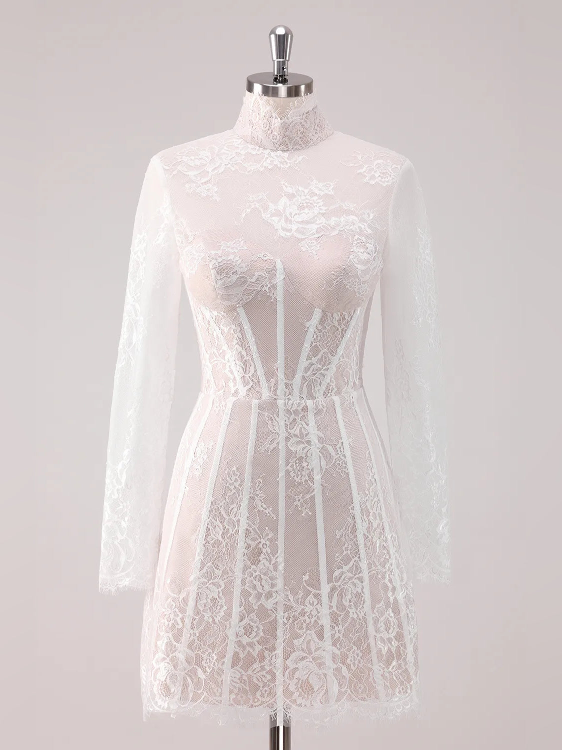 White mini homecoming dress, alternate view showing the dress shape and hem